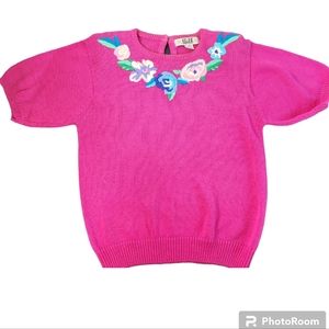 Vintage Segue Short Sleeve Sweater Embroidered Women's Medium Pink